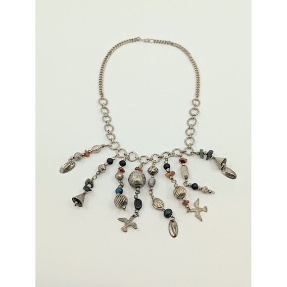 Vintage Cha Cha Necklace Silver Tone Dangle Bib Statement Gypsy Boho Chic - Picture 3 of 9